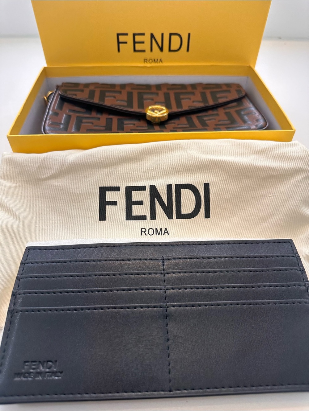 Brown and Black FF Logo Crossbody Wallet with Gold Accent - Picture 2 of 5